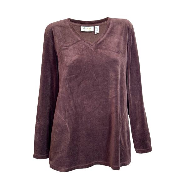 Chocolate Brown Velour Pullover Top XL V Neck Relaxed Fit - Picture 9 of 12